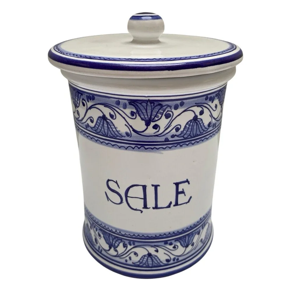 Italian Pottery Ceramic Salt Keeper Lidded Cannister Jar BLUE & WHITE Italy